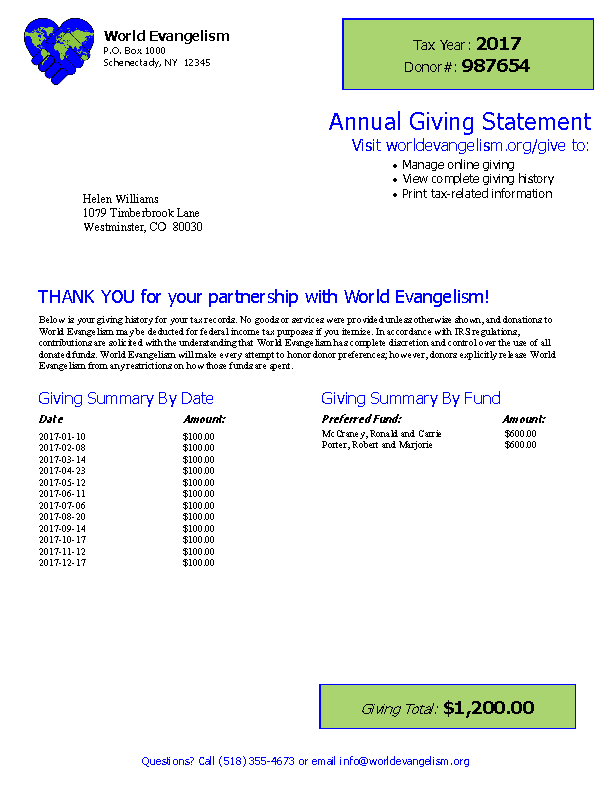 Church Contribution Statement Year End Donation Receipt Template